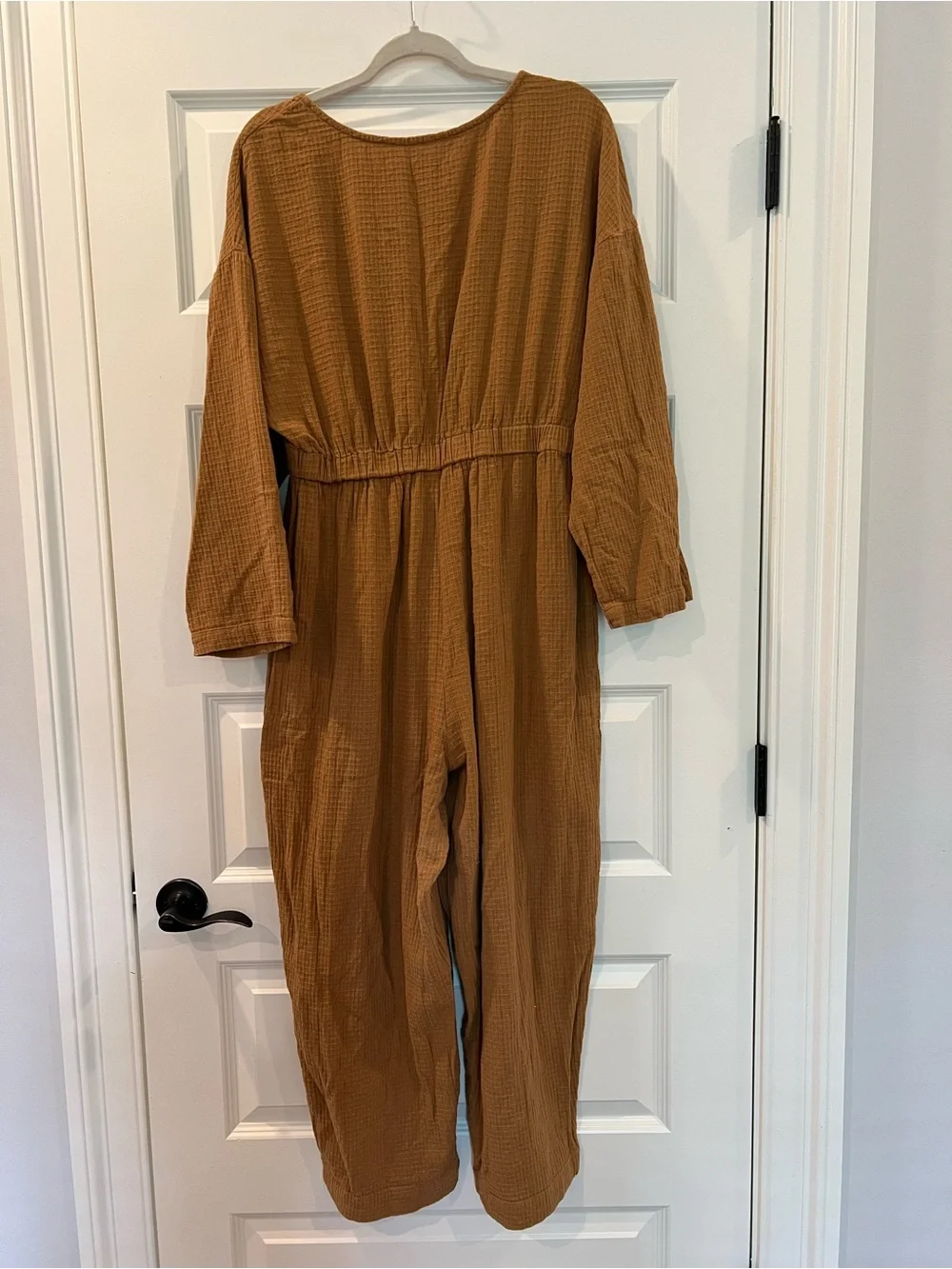 Free People Gauze Cotton Jumpsuit Large Camel Brown Oversized Boho Patch Pockets